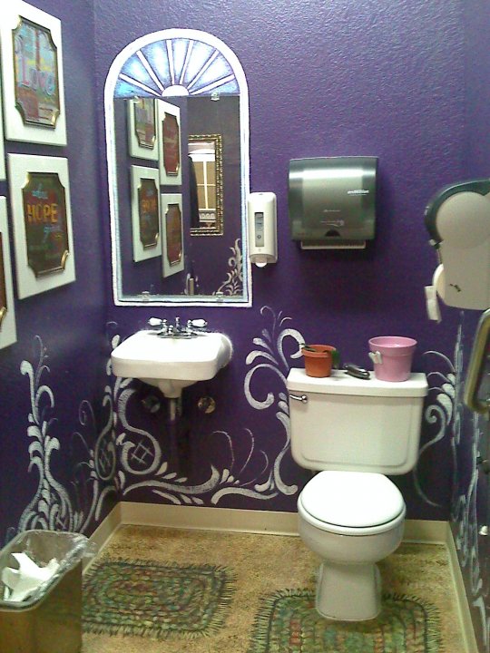 pretty purple retirement shower room, bathroom ideas, bedroom ideas, home decor, painting, wall decor, I painted white scrollies frolicking happily all around the room and the floor I painted and decorated with faux rag rugs