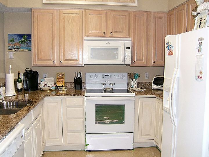 kitchen cabinet remake pickled to beachy, The lower cabinets have been painted with two coats of Annie Sloan s Old Ocre