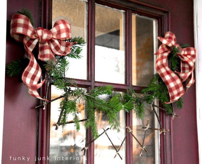 a twig garland of the charlie brown kind, christmas decorations, crafts, doors, seasonal holiday decor, Two garlands plus two bows a unique front door decoration