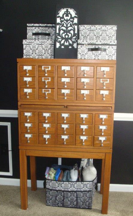 dining room turned black and white craft room, craft rooms, home decor, Card catalog used as storage in a craft room