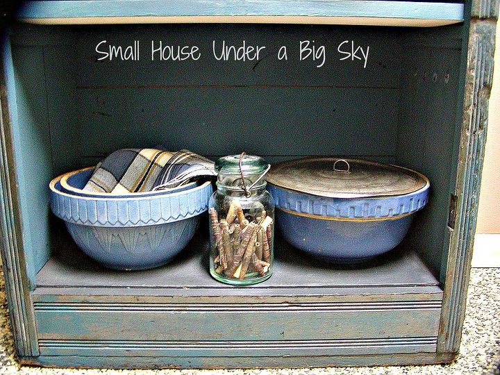 19th century jelly cupboard transformation, chalk paint, painted furniture, repurposing upcycling, The lower shelf as painted using Annie Sloan s Graphite chalk paint The sides in ASCP Aubusson blue