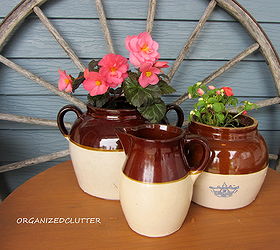 decorating the front patio with vintage collectibles, gardening, outdoor living, repurposing upcycling, Stoneware bean pots planted with begonia and impatiens