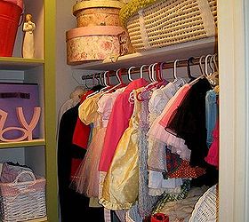 a closet transformation it s a girl pearl s closet before amp after, closet, home decor, Pearl s closet with fancy dresses old hat boxes and an antique chandelier