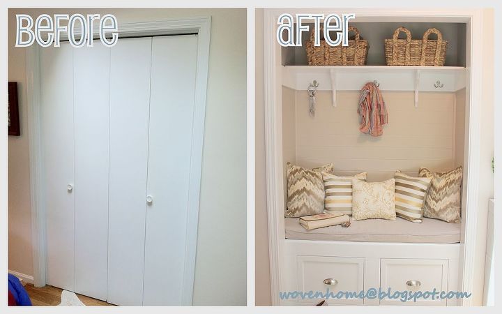 diy closet to entry bench, doors, foyer, home decor, Before After