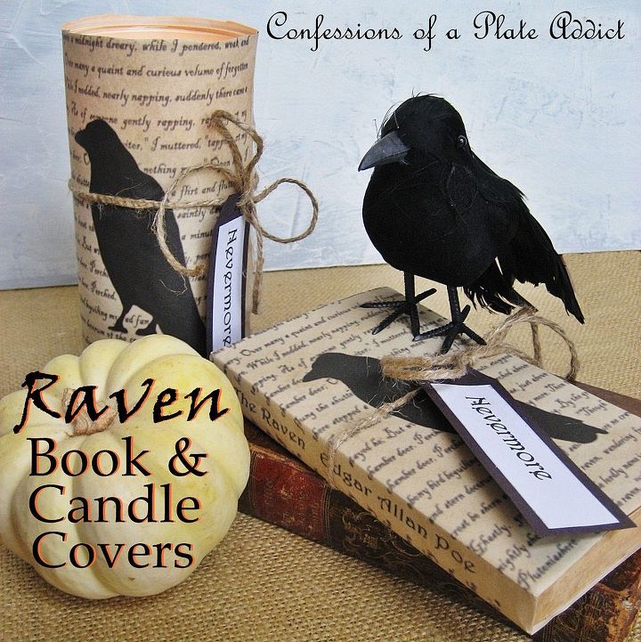 easy and cheap halloween ideas, crafts, halloween decorations, repurposing upcycling, seasonal holiday decor, Free graphic starring Poe s raven can become a candle cover or a book jacket Find it here