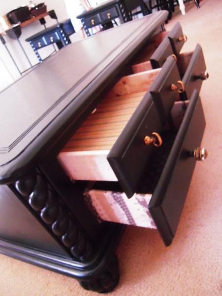 remake of one ugly coffee table set, I lined all the drawers with vintage paper I got from hobby lobby using modge podge