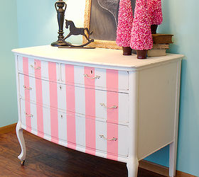 pink striped antique dresser, painted furniture, side view