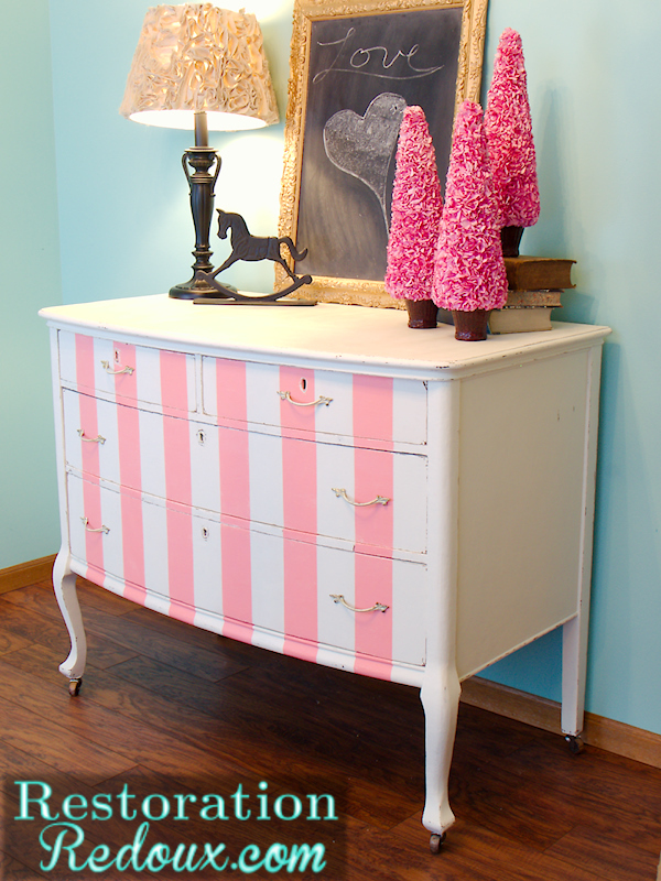 pink striped antique dresser, painted furniture, side view