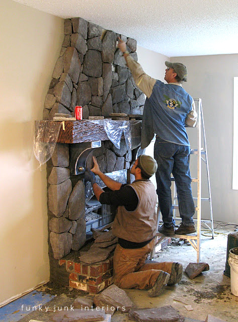 revamping an outdated brick fireplace without destruction, concrete masonry, fireplaces mantels, home decor, Dan and Phoenix applied the stone and added stainless steel one of a kind features over TOP of all the existing brickwork