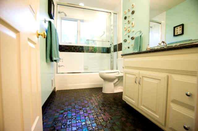 i just finished up another bathroom remodel project it s funny i thought the colors, bathroom ideas, home decor, Purple ish black glass tile bathroom