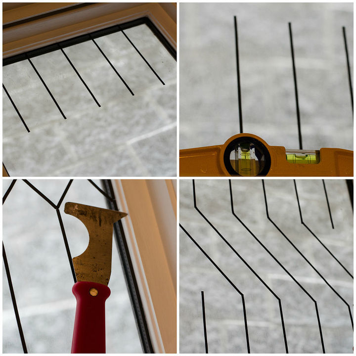 faux leaded glass window, windows, 4 I applied the leading strips first They are so easy to work with and can easily be cut removed and repositioned A level ensured the lines were straight