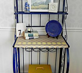 our blue grey and yellow dining room, home decor, The painted baker s rack ties the colors together and provides more storage