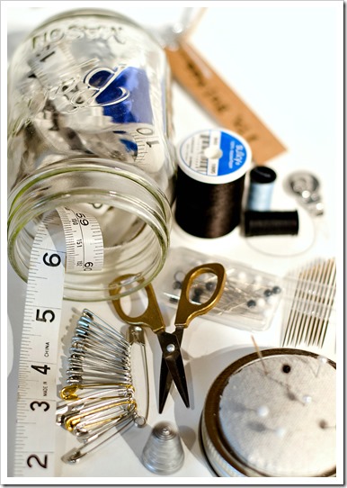 mason jar sewing kit, crafts, mason jars, Most of the materials were found at home the scissors are plastic and were painted with gold paint to give them a rich look