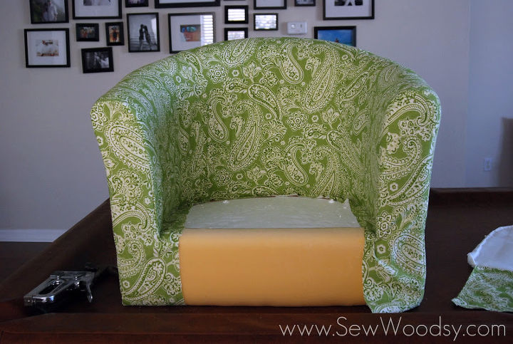 recovering the ikea tullsta chair, painted furniture, reupholster, Chair cover on and ready to be stapled in place