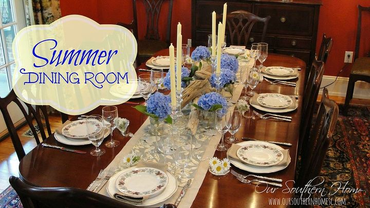 summer dining room, dining room ideas, seasonal holiday decor, By layering runners I was able to bring more blue to the room