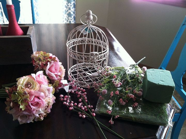 birdcage floral arrangement, crafts, Supplies Small birdcage floral block two small bouquets floral sprigs roll of ribbon floral wire and moss