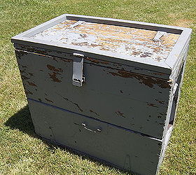 toolbox turned nightstand, bedroom ideas, home decor, painted furniture, I believe the color was battleship gray Lots of gray here since Newport is a Navy town