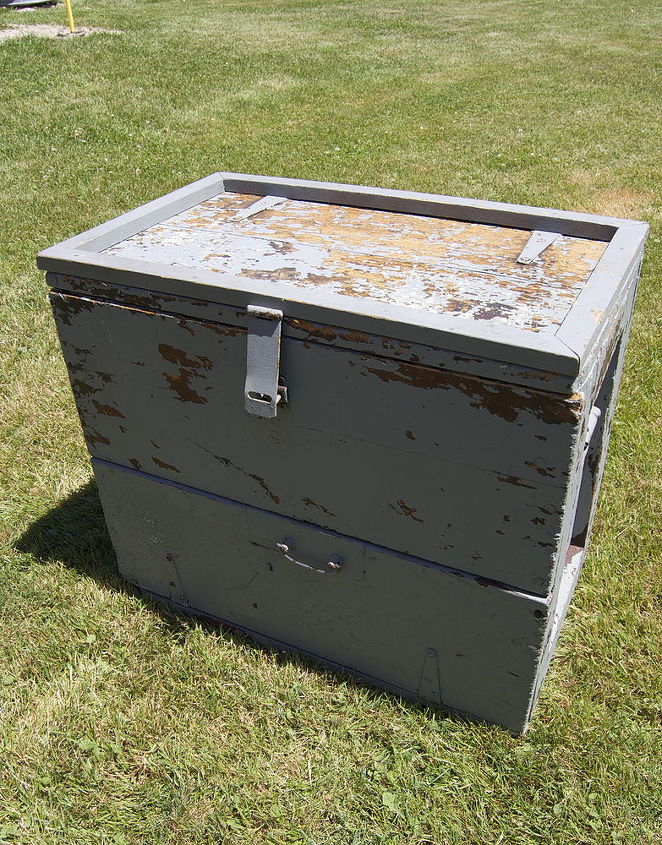 toolbox turned nightstand, bedroom ideas, home decor, painted furniture, I believe the color was battleship gray Lots of gray here since Newport is a Navy town