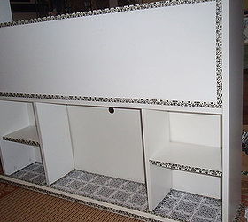 headboard becomes cool pantry storage, closet, kitchen design, painted furniture, repurposing upcycling, shelving ideas, storage ideas, Contact paper and washi tape hide the imperfections