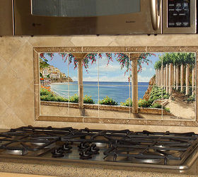 kitchen backsplash, kitchen backsplash, kitchen design, tiling, The space between the the microhood and the countertop was limited approximately 18 tall The mural gives a window effect in a small space