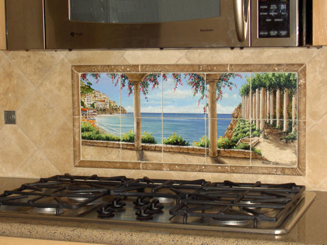 kitchen backsplash, kitchen backsplash, kitchen design, tiling, The space between the the microhood and the countertop was limited approximately 18 tall The mural gives a window effect in a small space
