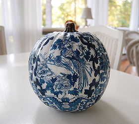decoupage a pumpkin to coordinate with your decor or favorite fabric, crafts, decoupage, A blue white pumpkin for the guest room using the same pattern at the comforter pillows Tutorial can be found here