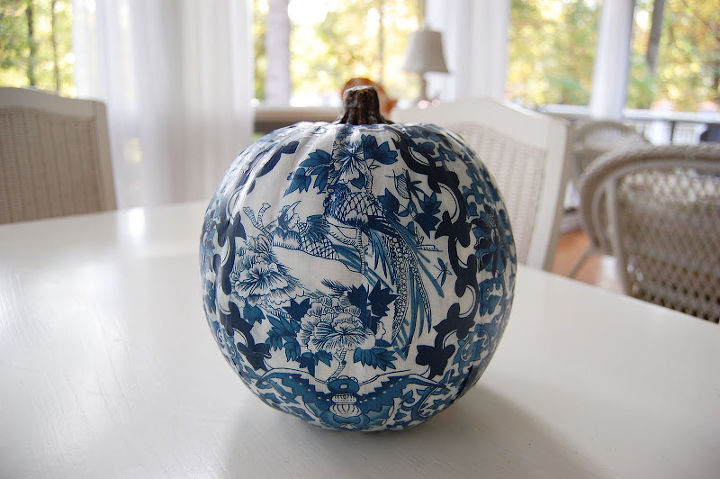 decoupage a pumpkin to coordinate with your decor or favorite fabric, crafts, decoupage, A blue white pumpkin for the guest room using the same pattern at the comforter pillows Tutorial can be found here