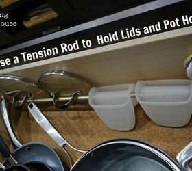 uses for tension rods, cleaning tips, closet, home decor, Use a tension rod to hold lids and pot holders