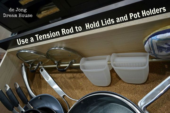 uses for tension rods, cleaning tips, closet, home decor, Use a tension rod to hold lids and pot holders