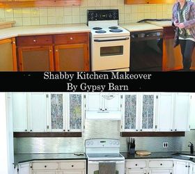 shabby chic kitchen makeover, home decor, home improvement, kitchen backsplash, kitchen design, kitchen island, shabby chic, Another head on before and after with the proud 1st time homeowner making her many many many decisions a few times over ha She s a hoot