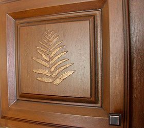 raised fern stencil livens up a boring desk area, kitchen cabinets, painted furniture, shelving ideas, I applied a bronze paint carefully with my artist brush over the fern to give it some sparkle