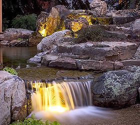 waterfall and gazebo transforms backyard, decks, outdoor living, patio, ponds water features, Night lighting provides drama and extends viewing hours