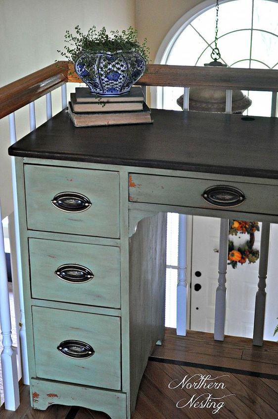 antique desk makeover, painted furniture, Stained the top dark walnut