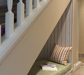 oftentimes the space under the stairs is used for storage the creative designers at, home decor, Oftentimes the space under the stairs is used for storage The creative designers at Case Design Remodeling Inc turned it into a cozy and cushioned reading nook where the homeowners could sneak away and relax The space is also welcoming for the kids with a storage bench under the stairs for the kids to sit and put their shoes on The kids also enjoy just hanging out in the nook and reading