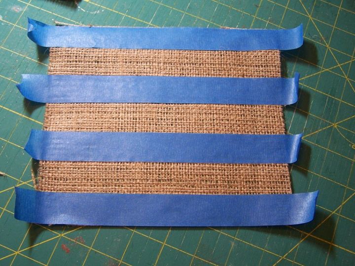 glittering striped burlap candle wraps, crafts, decoupage, seasonal holiday decor, Use the tape to tape off perfect 1 stripes not shown place your squares onto wax paper or another protective surface paper The wax paper peel off easily