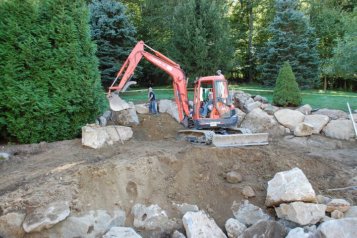got hill no problem, outdoor living, patio, ponds water features, during setting the boulderwork