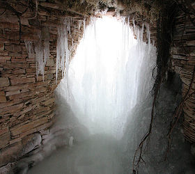 explore an icy waterfall and grotto in st charles illinois, ponds water features, From inside the grotto looking at the backside of the waterfalls During summer you can walk through the falls