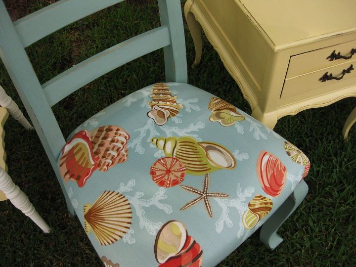 repurposing thrift finds chairs amp tables, chalk paint, painted furniture, reupholster, Painted with Annie Sloan Duck Egg Blue Paint Cushion recovered with new fresh fabric Go to the blog for fabric source