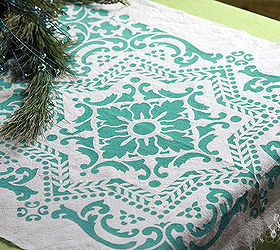 holiday stenciled table runner using drop cloth royal studio design, crafts, painting, seasonal holiday decor, Blue green stenciled drop cloth
