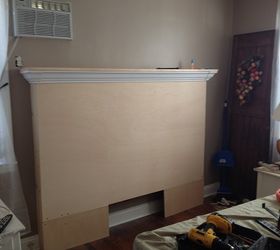 diy fireplace mantel headboard, We made a cut out in the bottom because that s the only outlet on the wall You won t see it when the bed is in place
