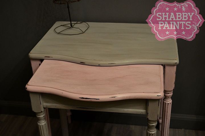 warped nesting tables get new life with shabby paints, painted furniture, After using Paper Doll Pink and Ice Grey Chalked Paint then glamed with Stunning Silver Shimmer