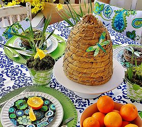 easter table decorating, easter decorations, seasonal holiday d cor, The table has an indoor outdoor tablecloth with a blue damask pattern Perfect for porch dining