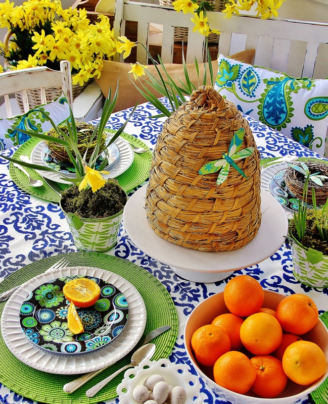 easter table decorating, easter decorations, seasonal holiday d cor, The table has an indoor outdoor tablecloth with a blue damask pattern Perfect for porch dining