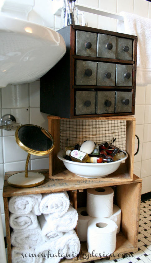 i repurposed this little storage cubby to use in my bathroom, bathroom ideas, repurposing upcycling, storage ideas, It s the perfect combination with the crates I was already using for storage