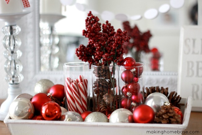 red amp white christmas vignette, christmas decorations, seasonal holiday decor