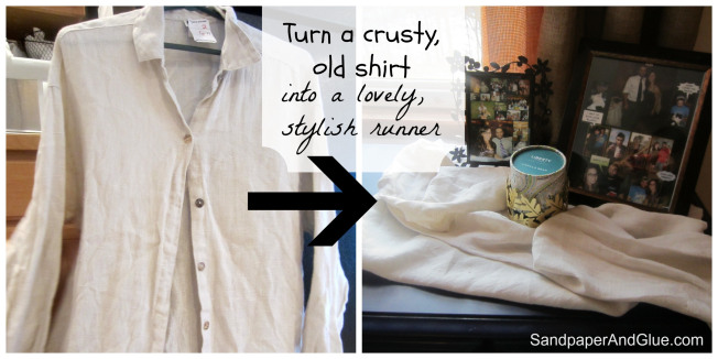 how to turn an old shirt into a runner, home decor, repurposing upcycling, cut off the collar and cuffs you don t need these then cut the panels and arms of the shirt apart layer them on top of one another with the frayed ends tucked under until you get the look you want