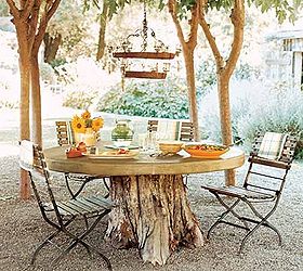 top 10 easy backyard ideas for entertaining, Repurpose your tree stumps Make an outdoor table by adding a tabletop to one of your tree stumps You can also transform old trunks into plant pots Just fill with soil plant with flowers and voila You ve recycled your tree stumps