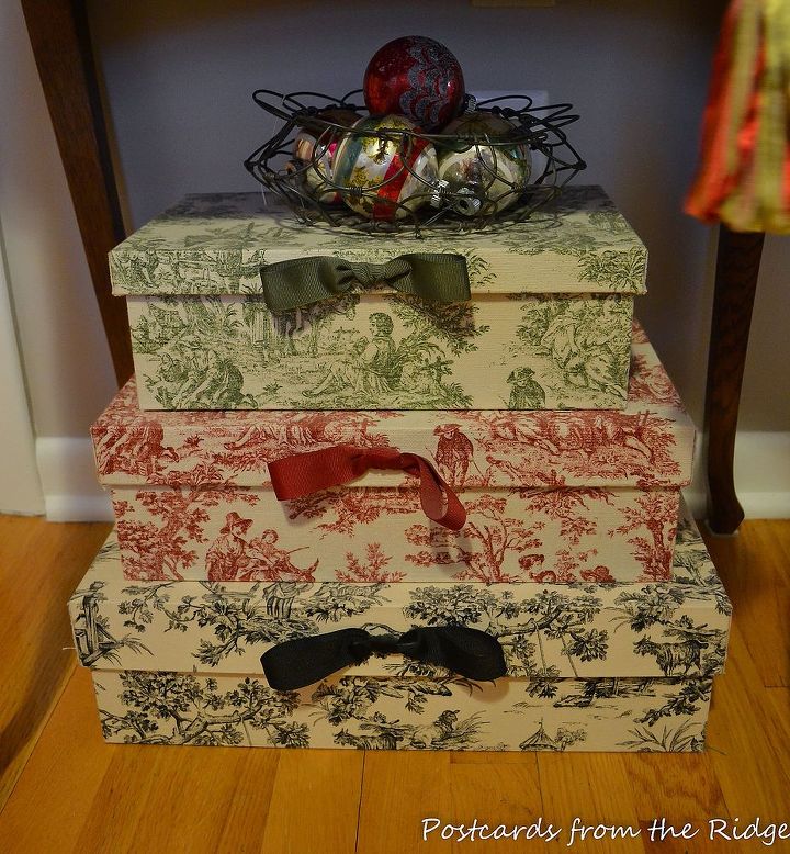 holiday tour of our guest bedroom, bedroom ideas, christmas decorations, painted furniture, seasonal holiday decor, Some vintage shiny brite ornaments I found at a yard sale last Spring top these fabric covered boxes I ve had for years