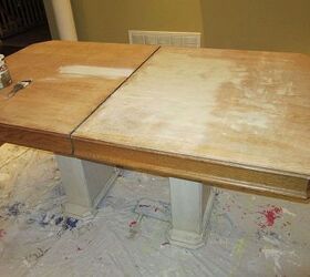 dining table update, painted furniture, The top was stripped on the damaged side with mechanical stripper This wasn t the easiest thing to do and the veneer was too thin and damaged that needed to be filled in for a smooth finish The other parts were stripped with chemical