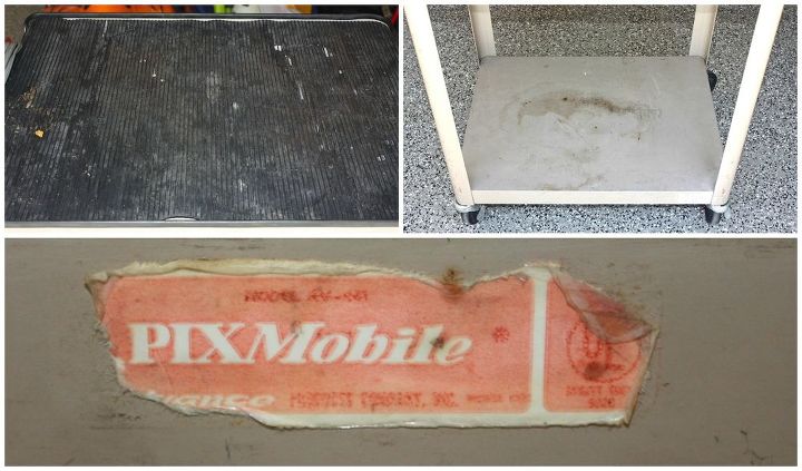 metal rolling cart makeover, painted furniture, Dirty rubber mat on top of cart rust and the Pix Mobile label